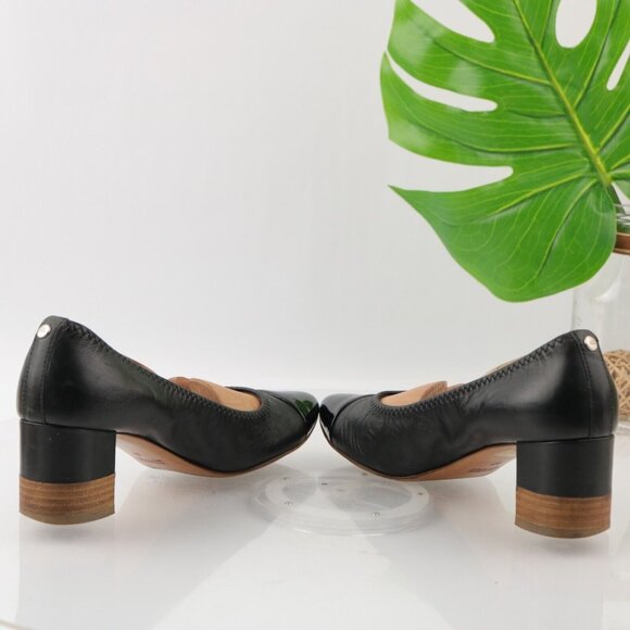 AGL Womens Pump Size 37 7 Black Leather Cap Toe Block Heel Elastic Trim Italy - Picture 9 of 12